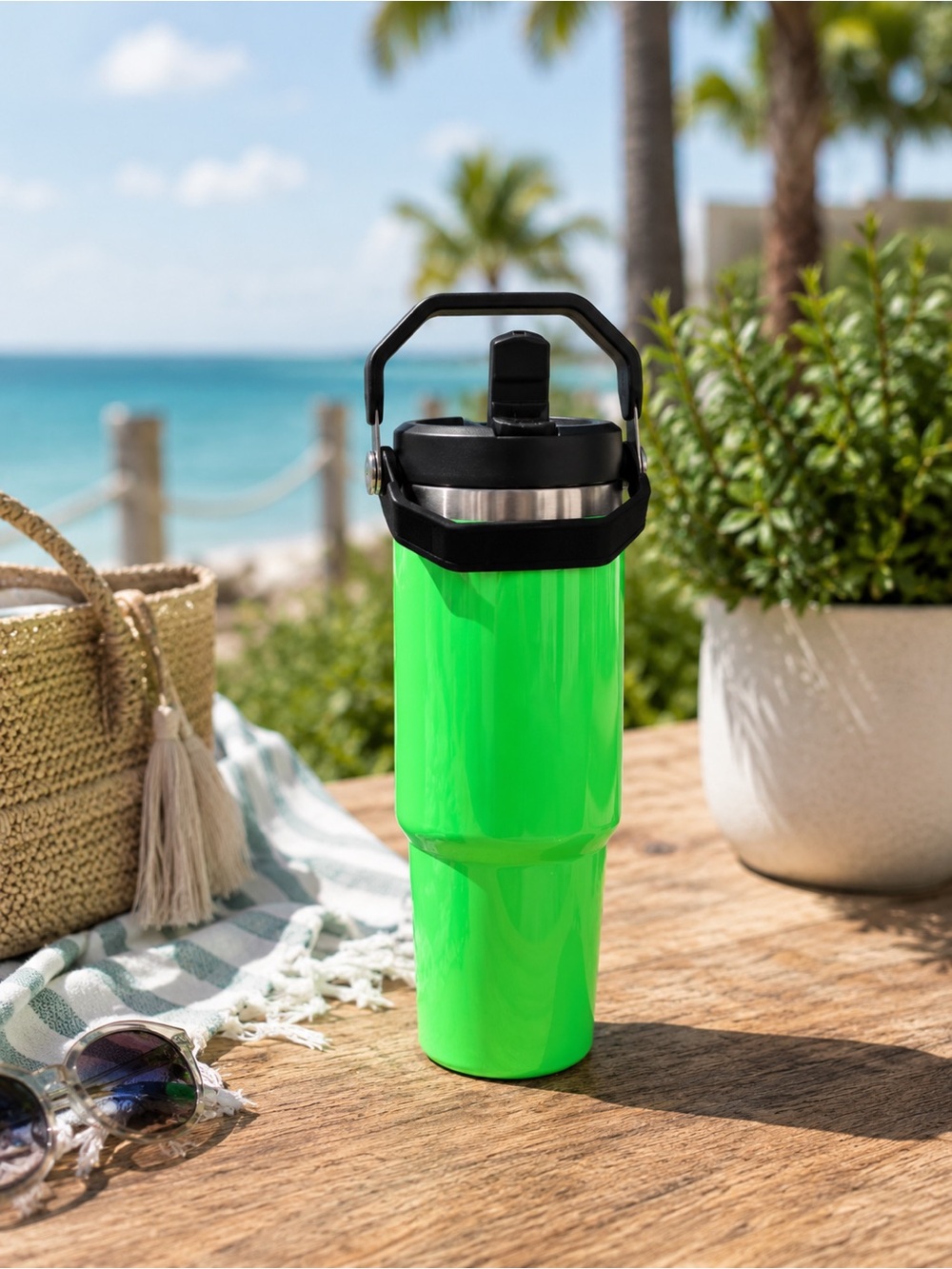 30 oz IceFlow Flip Straw Tumbler Neon Green Handle
